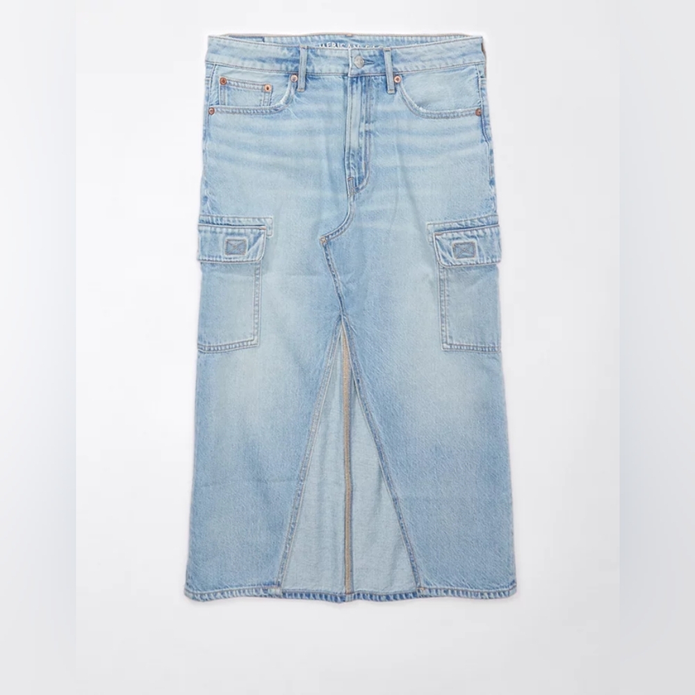 AE Dreamy Drape High-Waisted Cargo Denim Midi Skirt